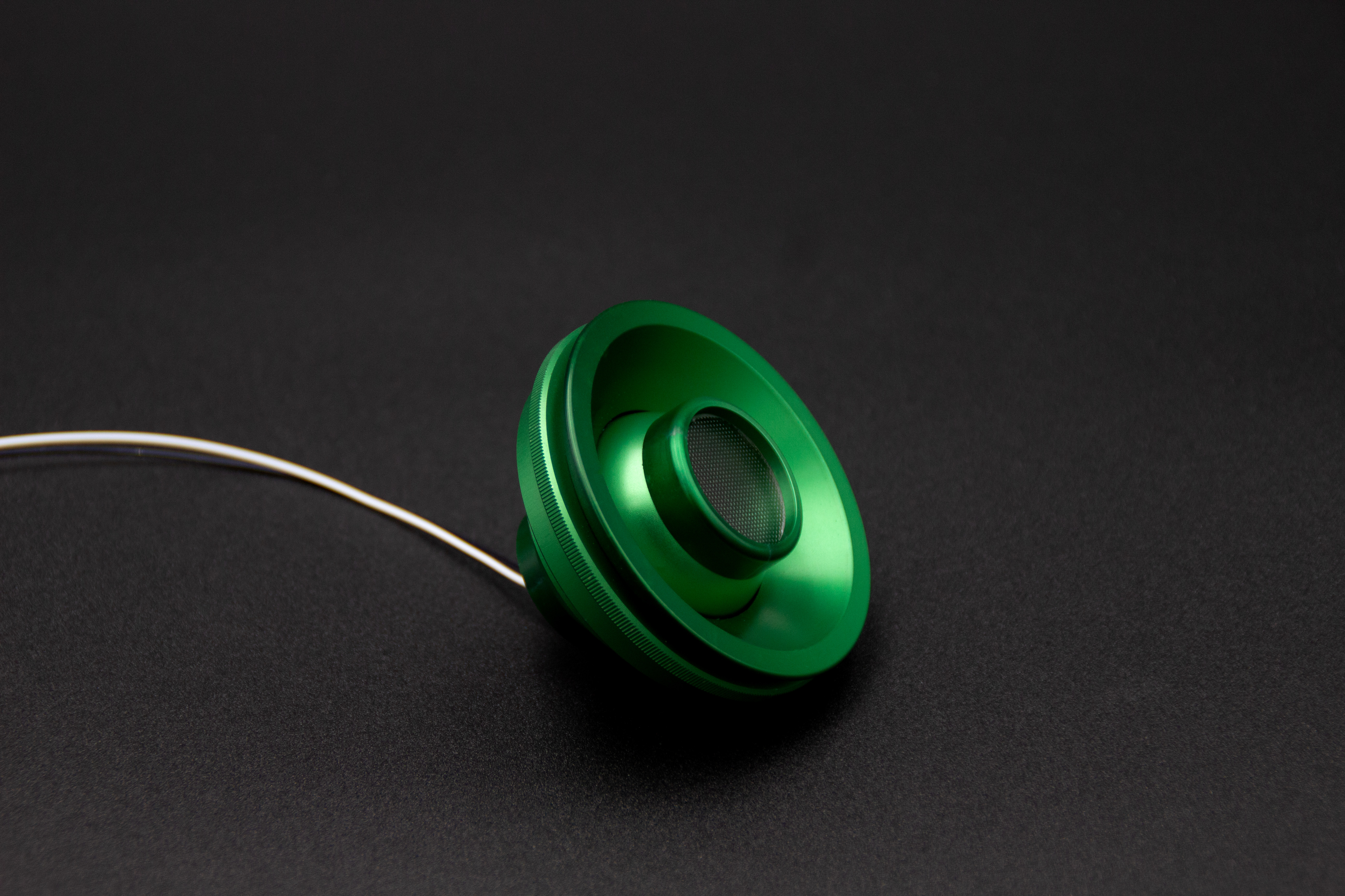 PWI custom LED reading light in green anodized finish PWI custom LED reading light in green anodized finish, angled view showing mesh lens and cable