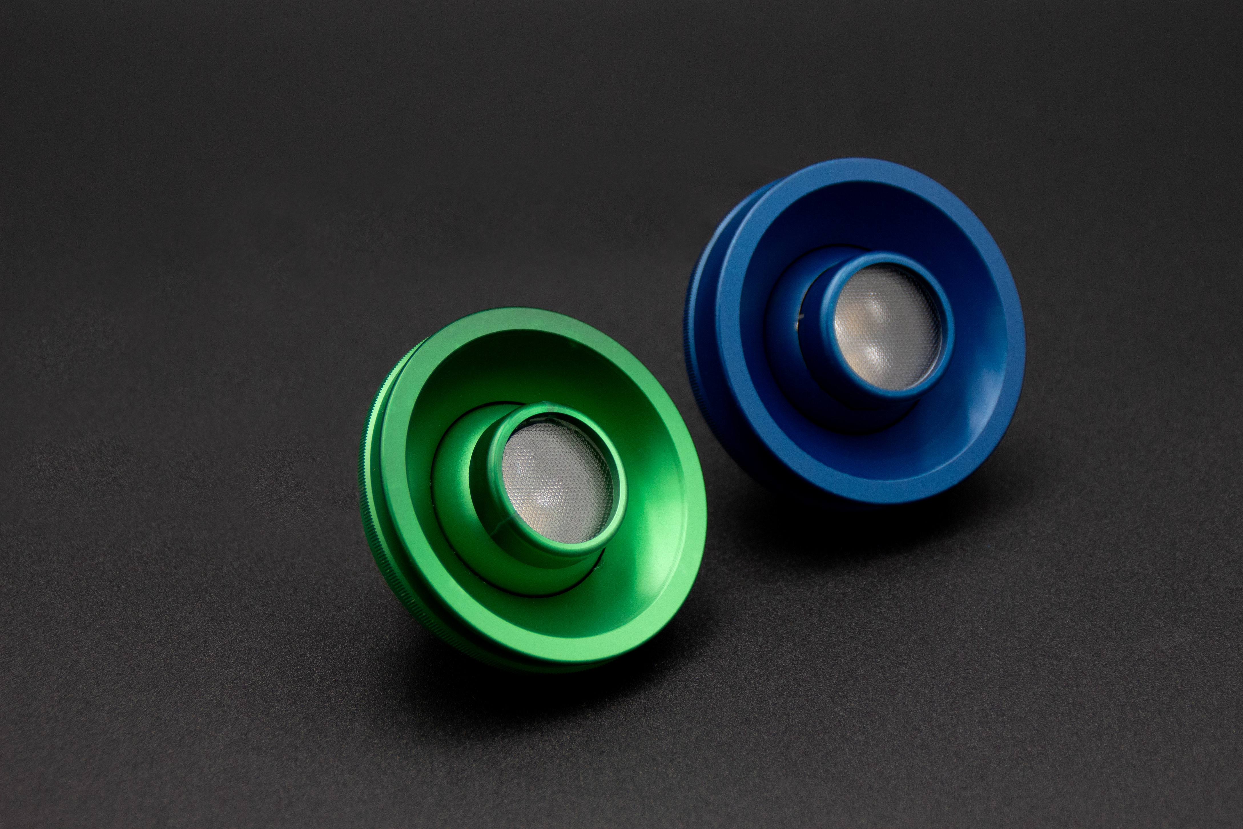 Custom LED reading lights in green and blue anodized finishes