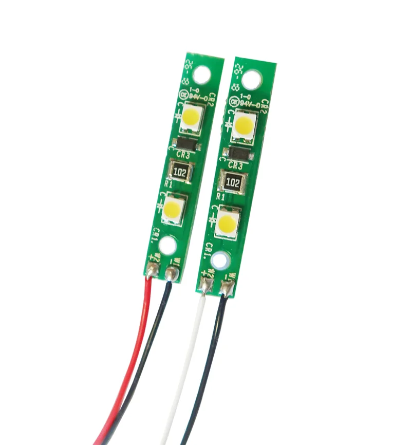 PWI seat belt / smoking sign LED circuit boards, pair of green PCBs with wire harness